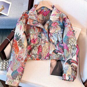 Red Streetwear Women's Embroidered Jacquard Motorcycle Jacket